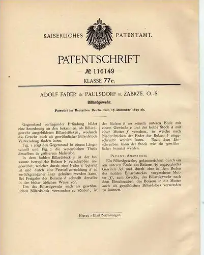 Original Patentschrift - A. Faber in Paulsdorf b. Zabrze , 1899 , Billiard Gewehr !!!