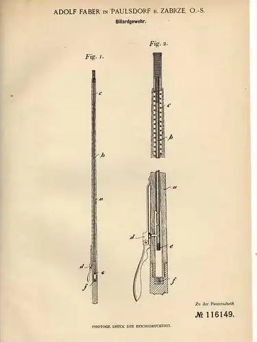 Original Patentschrift - A. Faber in Paulsdorf b. Zabrze , 1899 , Billiard Gewehr !!!