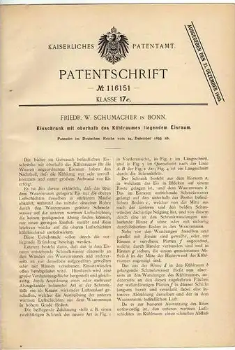 Original Patentschrift - Eisschrank mit Kühlraum , 1899 , F. Schumacher in Bonn , Kühlschrank !!!