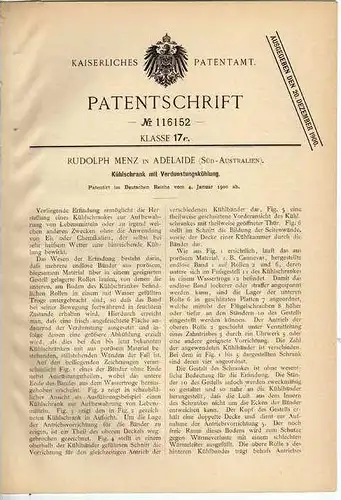 Original Patentschrift - Kühlschrank , 1900 , R. Menz in Adelaide , Australien !!!