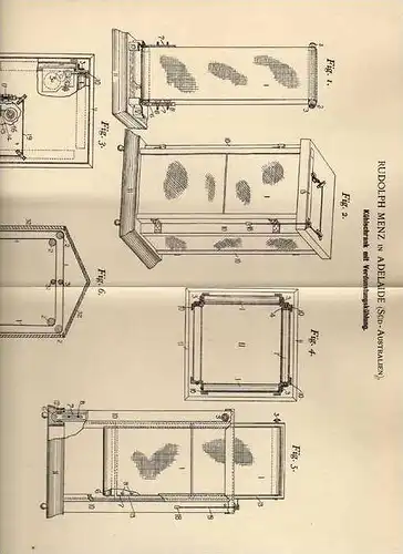 Original Patentschrift - Kühlschrank , 1900 , R. Menz in Adelaide , Australien !!!
