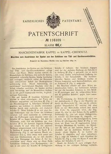 Original Patentschrift - Maschinenfabrik in Kappel - Chemnitz , 1899 , Maschine für Webstuhl , Weberei !!!