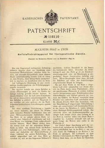 Original Patentschrift - Heiluftstrahlapparat , 1899 , A. Prat in Lyon , Arzt , Therapie , Medizin !!!