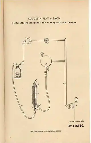 Original Patentschrift - Heiluftstrahlapparat , 1899 , A. Prat in Lyon , Arzt , Therapie , Medizin !!!