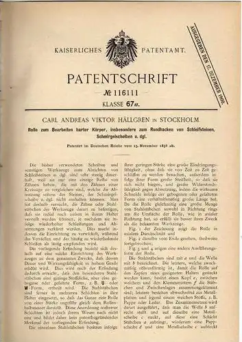 Original Patentschrift - C. Hällgren in Stockholm, 1898, Herstellung von Schleifscheiben , Schleifstein !!!