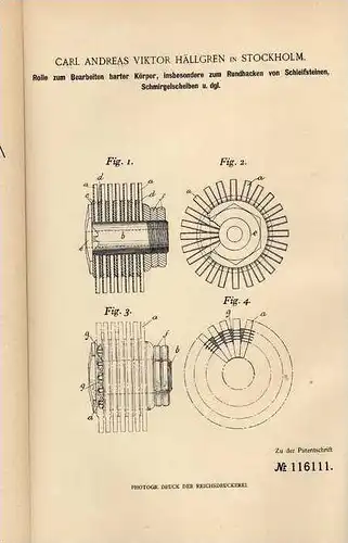 Original Patentschrift - C. Hällgren in Stockholm, 1898, Herstellung von Schleifscheiben , Schleifstein !!!