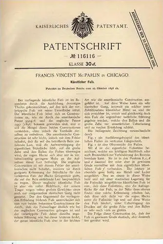 Original Patentschrift - künstlicher Fuß , Prothese , 1898 , F. Parlin in Chicago , Arzt , Chirurgie !!!