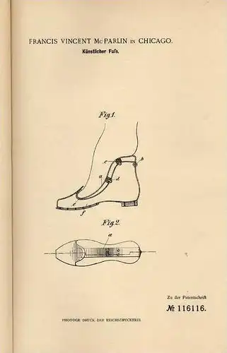 Original Patentschrift - künstlicher Fuß , Prothese , 1898 , F. Parlin in Chicago , Arzt , Chirurgie !!!