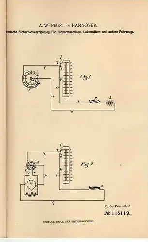Original Patentschrift - Sicherheitsvorrichtung für Lokomotive , Eisenbahn , 1900, A. Peust in Hannover !!!