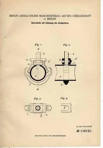 Original Patentschrift - Berlin - Anhaltinische-Maschinenbau AG , 1899, Rohrschelle mit Keilanzug , Gasleitung !!!