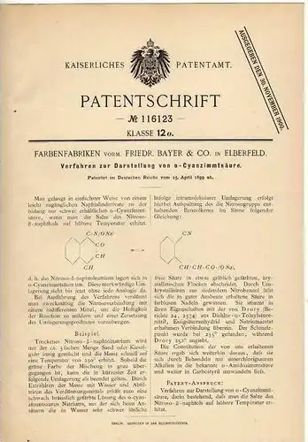Original Patentschrift - Farbenfabrik Bayer & Co in Elberfeld , 1899, Cyan - Zimmtsäure , Chemie , Wuppertal , Säure !!!