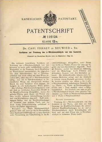 Original Patentschrift -  Dr. Erhart in Neuwied a. Rh. , 1899 , Trennung von Nitrobenzaldehyd , Chemie !!!