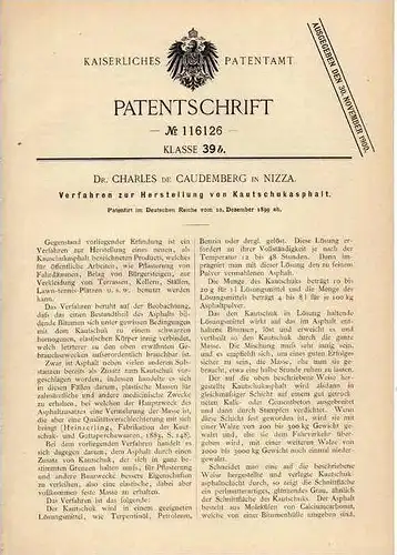 Original Patentschrift - Asphalt aus Kautschuk , 1899 , Dr. Caudemberg in Nizza !!!