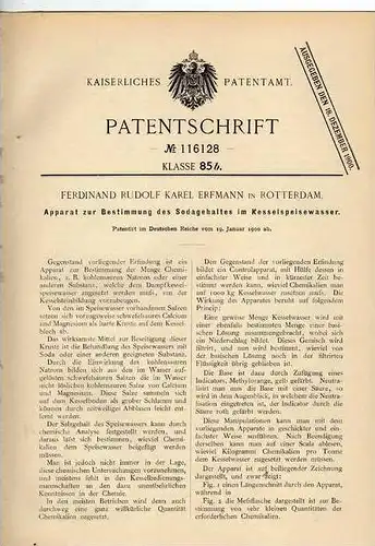 Original Patentschrift - F. Erfmann in Rotterdam , 1900,  Apparat zur Bestimmung von Soda !!!