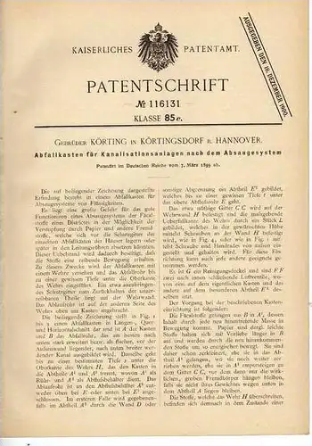 Original Patentschrift - Gebr. Körting in Körtingsdorf b. Hannover , 1899 , Anlage für Kanalisation , Absaugsystem !!!