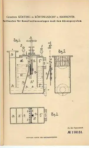 Original Patentschrift - Gebr. Körting in Körtingsdorf b. Hannover , 1899 , Anlage für Kanalisation , Absaugsystem !!!