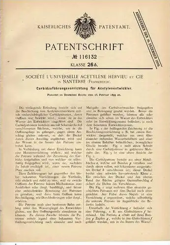 Original Patentschrift - Acetylenentwickler , 1899 , Société Acetyléne in Nanterre , Frankreich !!!