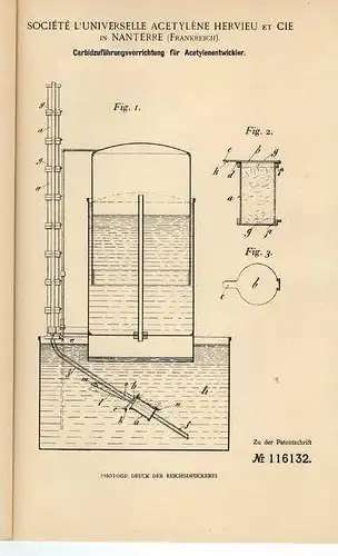 Original Patentschrift - Acetylenentwickler , 1899 , Société Acetyléne in Nanterre , Frankreich !!!