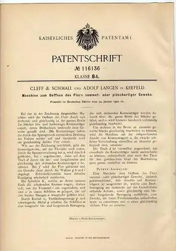 Original Patentschrift - A. Langen in Krefeld , 1900 , Maschine für Samt und Plüsch !!!