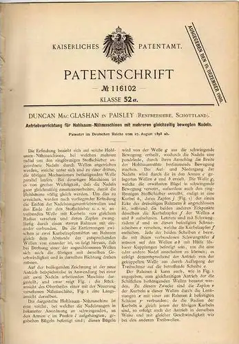 Original Patentschrift - Hohlsaum Nähmaschine , 1898 , D. Glashan in Paisley , Schottland !!!