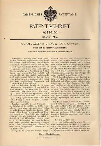 Original Patentschrift - M. Jäger in Uhingen , O.-A. Göppingen , 1899, aufblähbare Sohle für Schuhe , Schuster !!!