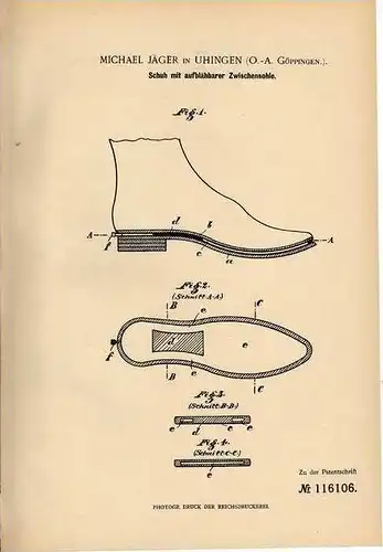 Original Patentschrift - M. Jäger in Uhingen , O.-A. Göppingen , 1899, aufblähbare Sohle für Schuhe , Schuster !!!