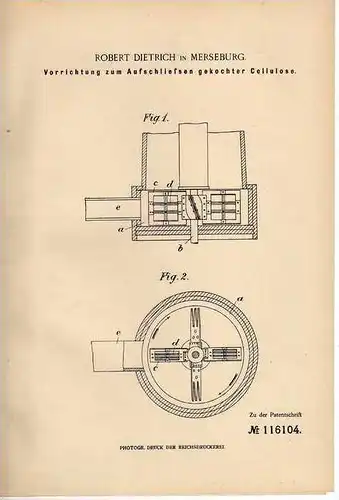 Original Patentschrift - R. Dietrich in Merseburg , 1899, Cellulose Vorrichtung !!!
