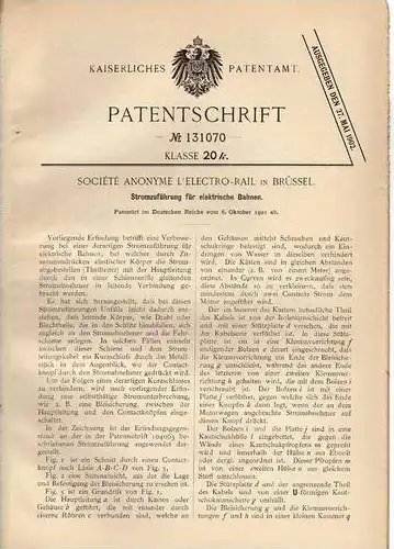 Original Patentschrift - L`Electro Rail in Brüssel , 1901, Eisenbahn , Strassenbahn , Stromzuführung !!!