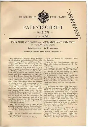 Original Patentschrift -  Getriebe für Motorwagen , 1901 , J. Smith in Toronto , Canada , Automobile !!!