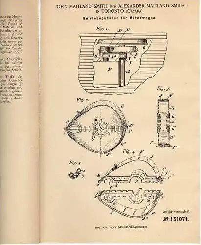 Original Patentschrift -  Getriebe für Motorwagen , 1901 , J. Smith in Toronto , Canada , Automobile !!!