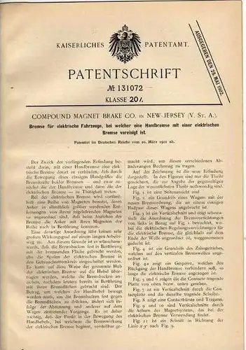 Original Patentschrift - elektr. Handbremse für Elektrofahrzeuge, 1901, Magnet Brake Comp. in New Jersey !!!