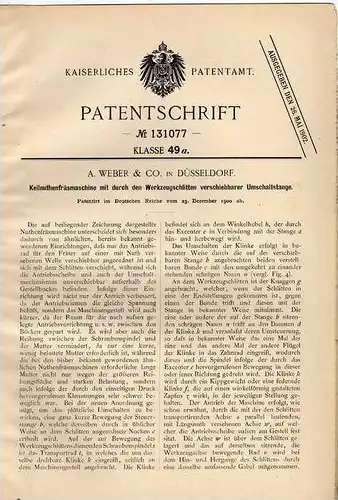 Original Patentschrift - Fräsmaschine , Fräse , 1900 , Weber & Co in Düsseldorf , Drehbank  !!!