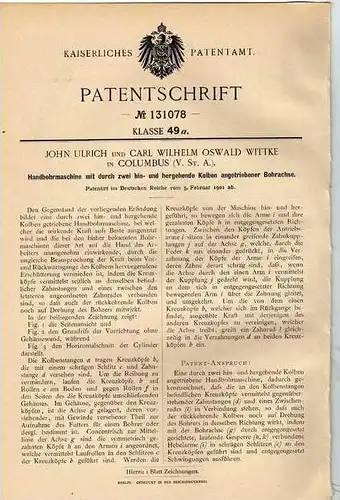Original Patentschrift - Bohrmaschine , 1901, C. Wittke in Columbus , USA !!!