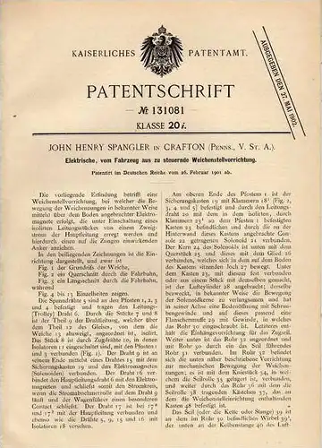 Original Patentschrift - elektr. Weichensteuerung , 1901, J. Spangler in Crafton , USA , Eisenbahn , Lokomotive !!!