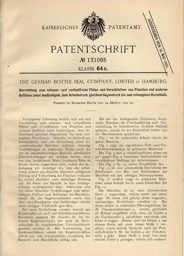 Original Patentschrift - The German Bottle Comp. in Hamburg , 1900, Füll- und Verschließapparat für Flaschen  !!!