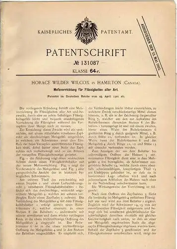 Original Patentschrift - H. Wilcox in Hamilton , Canada , 1901, Meßvorrichtung für Flüssigkeiten!!!