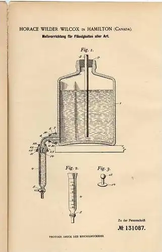 Original Patentschrift - H. Wilcox in Hamilton , Canada , 1901, Meßvorrichtung für Flüssigkeiten!!!