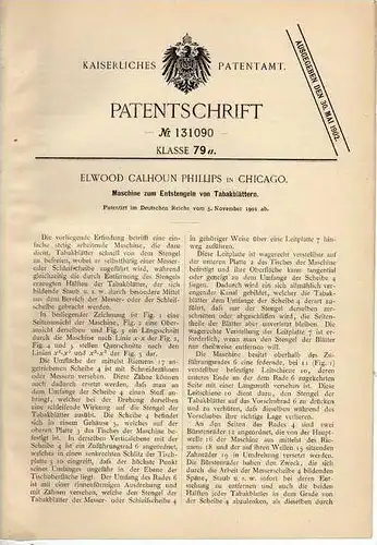 Original Patentschrift - Maschine für Tabak Blätter , 1901, E. Phillips in Chicago !!!