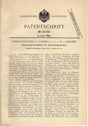 Original Patentschrift - Calberla GmbH in Dresden , 1901 , Cigarettenmaschine , Cigarette , Tabak !!!
