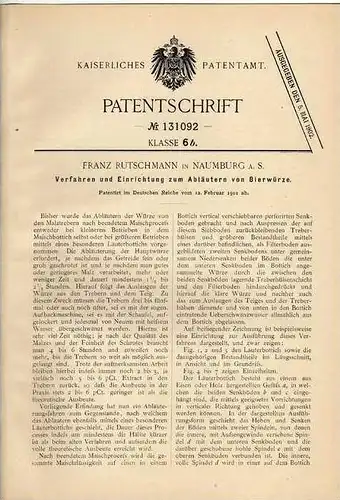 Original Patentschrift - F. Rutschmann in Naumburg a. S., 1901, Apparat zur Bier Herstellung , Alkohol !!!
