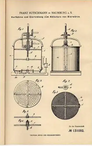 Original Patentschrift - F. Rutschmann in Naumburg a. S., 1901, Apparat zur Bier Herstellung , Alkohol !!!