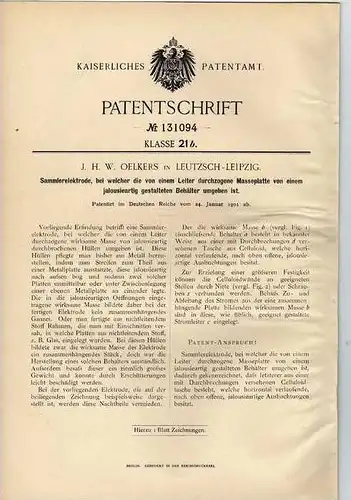 Original Patentschrift - J. Oelkers in Leutzsch - Leipzig , 1901, Elektrode , Sammelelektrode !!!