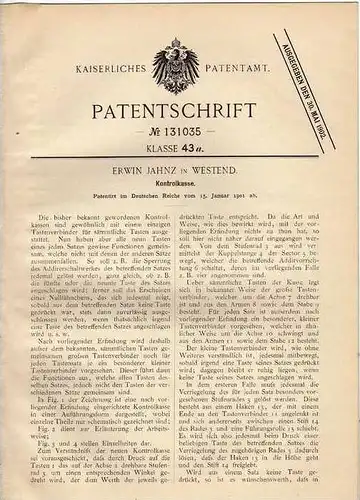 Original Patentschrift - E. Jahnz in Westend , 1901 , Kontrollkasse , Registrierkasse , Kasse !!!