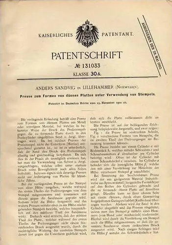Original Patentschrift -  A. Sandvik in Lillehammer , Norwegen , 1900 , Presse für Platten !!!