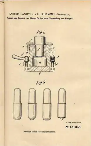 Original Patentschrift -  A. Sandvik in Lillehammer , Norwegen , 1900 , Presse für Platten !!!