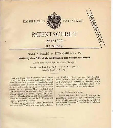 Original Patentschrift - M. Raabe in Königsberg i. Preussen , 1901 , Futtermittel Herstellung , Tierhaltung !!!