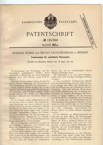 Original Patentschrift - R. Weber in Meissen , 1900 , Trockner für Thonwaaren , Meissener Porzelan !!!