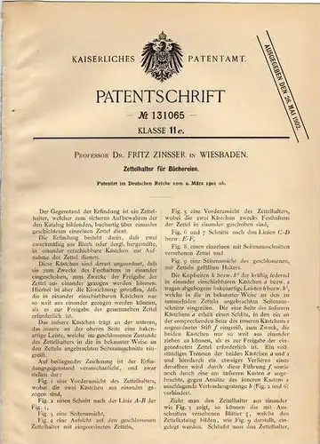 Original Patentschrift - Prof. Dr. F. Zinsser in Wiesbaden , 1901 , Halter für Bücherei !!!