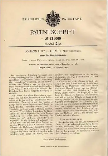 Original Patentschrift - J. Lutz in Eibach , Franken , 1901 , Stromzähler , Elektricitätszähler !!!