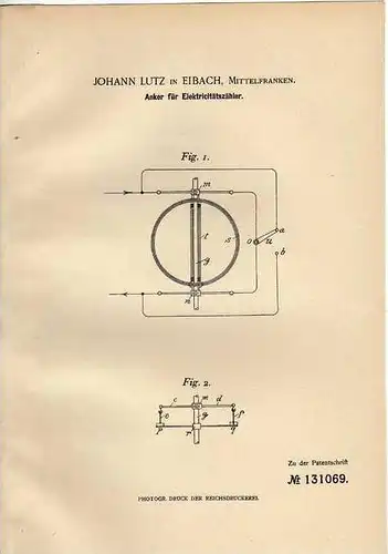 Original Patentschrift - J. Lutz in Eibach , Franken , 1901 , Stromzähler , Elektricitätszähler !!!